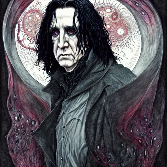 Prompt: symmetrical complex fine detail, black ink & copic markers, vibrant muted colors, disturbing grunge still of a [ lovecraftian demon infested ] [ severus snape ], by ( arthur adams ), by ( tom bagshaw ), by henry asencio, by kikuchi hideyuki