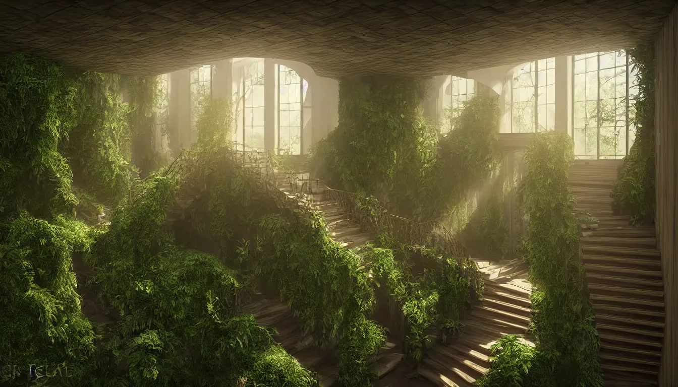 Prompt: intimate detailed hall full of windows streaming sunlight, spiralling staircase and shelves full of books, over grown vegetation falls from the ceiling, strong shadows, full colour, hyper realistic photo, unreal engine, upscale, 8 k, masterpiece,