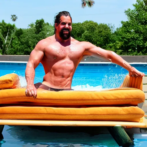 Image similar to Eric Bugenhagen on a raft in a pool