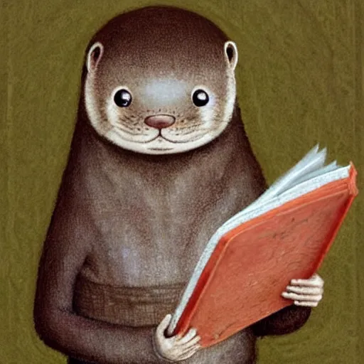 Image similar to a medieval otter abbot reading his book, fantasy concept art by nicoletta ceccoli, mark ryden, lostfish, max fleischer