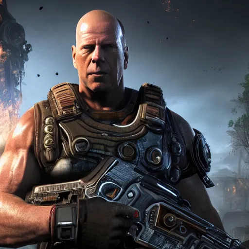 Prompt: Bruce Willis as a buffed gears of war 4 videogame character, undertailed, 8k render,