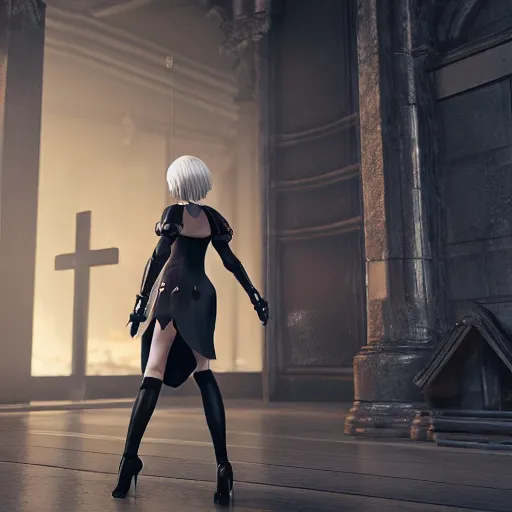 Image similar to 2 b nier automata standing in front of a church, 3 d render, unreal engine, octane render, ray tracing, unity, highly detailed, high quality, hd, 4 k, 8 k, realistic, sharp, trending