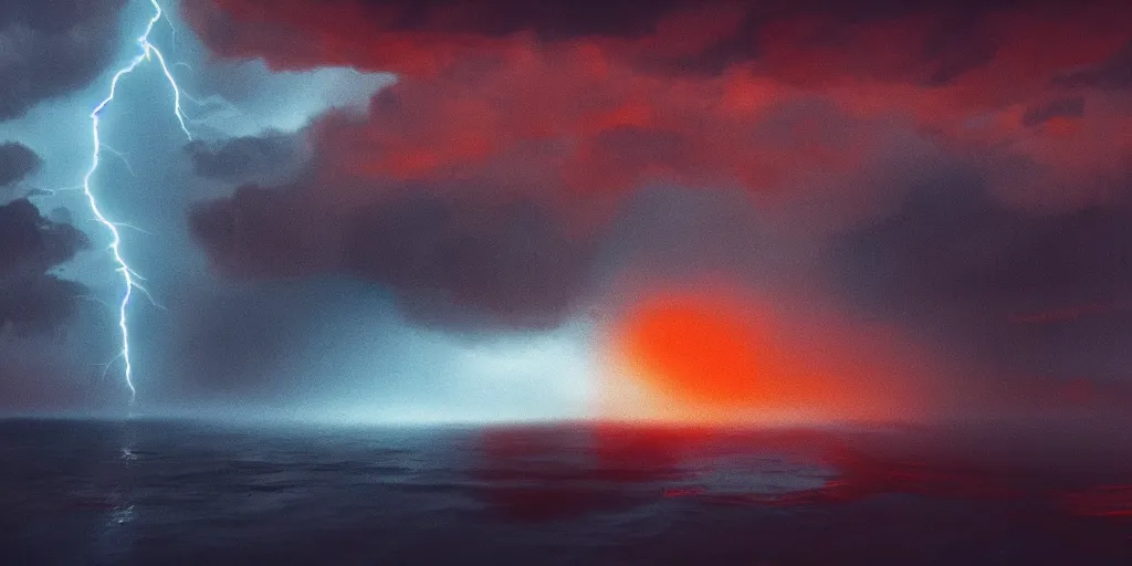 Image similar to a huge maelstrom with lightning bolts, moody lighting, octane render, orange teal lighting, 8 k