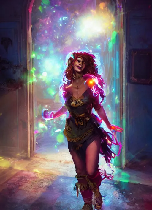 Prompt: an epic fantasy comic book style portrait painting of a girl wearing colorful makeup with a smile and curly brown hair stepping out of a doorway with light shining behind her, unreal 5, daz, hyperrealistic, octane render, cosplay, rpg portrait, dynamic lighting