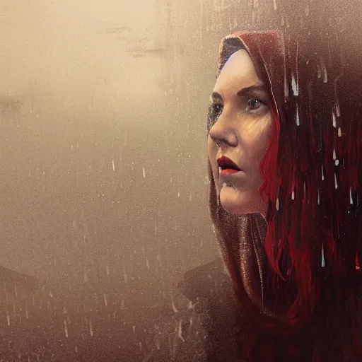 Image similar to impudent facial expression of a shameless woman, impudent facial expression of shameless woman, atmosphere of bloody rain, cross in the distance, Jesus Christ in the background, trending on artstation, highly detailed, digital painting, volumetric light, concept art, sharp focus, illustration