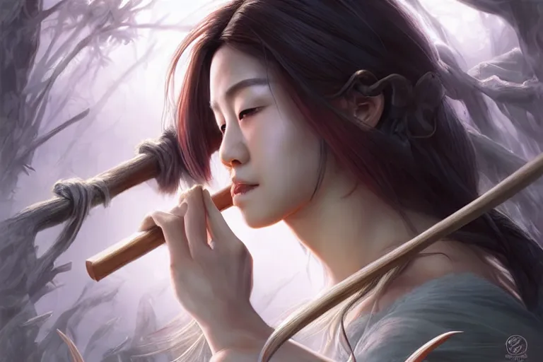 Image similar to beautiful cinematic fantasy poster, asian woman side view using a bokken in forest, wooden sword ; by artgerm ; wayne n reynolds art station ; cinematic quality character render ; high quality ac - h 9 6 0