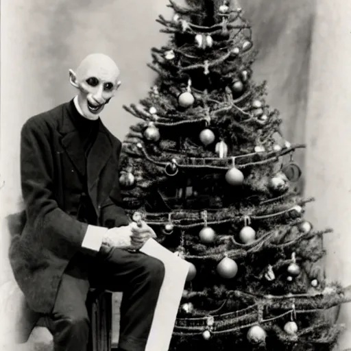 Prompt: count orlok sitting cross - legged by the christmas tree, excitedly opening presents, photograph