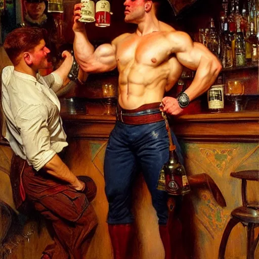 Prompt: attractive muscular mike wearing pants with dark red hair with muscular attractive tyler with brunet hair, wearing pants drinking their hearts out, in a pub. very defined and highly detailed painting by gaston bussiere, j. c. leyendecker, craig mullins 8 k