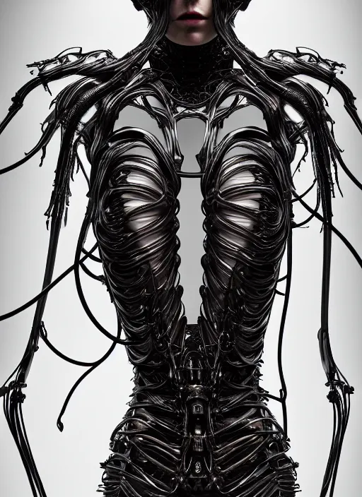 Image similar to iris van herpen gothic inflateble dark dress, perfect symmetrical body, helmet on face, full body shot, alien, plant predator, guyver, giger, wires, tubes, veins, jellyfish, white biomechanical details, wearing epic bionic cyborg implants, masterpiece, intricate, biopunk, vogue, highly detailed, artstation, concept art