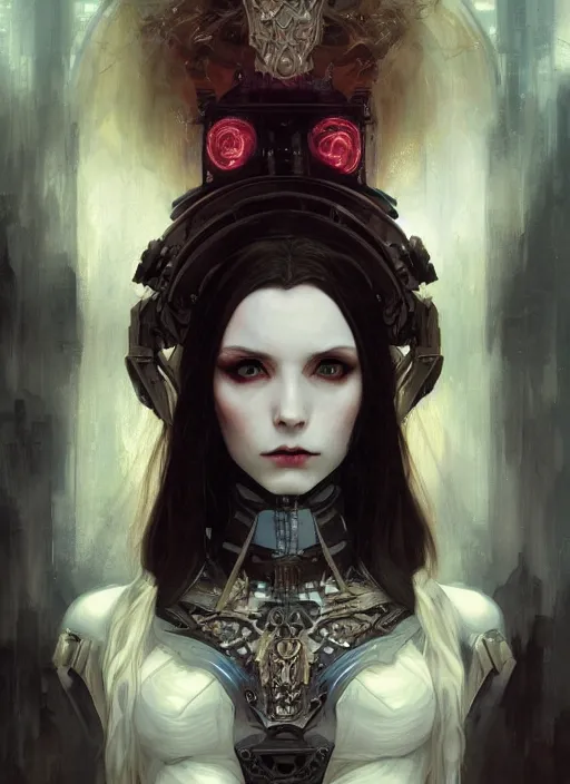 Image similar to portrait of beautiful pale gothic maiden, warhammer 40000, cyberpunk, intricate, elegant, highly detailed, digital painting, artstation, concept art, smooth, sharp focus, illustration, art by artgerm and greg rutkowski and alphonse mucha and Gustav Klimt and Ilya Kuvshinov