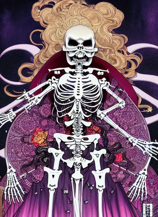 Image similar to highly detailed terada katsuya artstation ayami kojima manga poster of princess mechine as fanged vampire skeleton, rainbow gradient reflection, long hair, armor, dress, laces, ruffles, 8 k, maximalist,, jump comics, tomer hanuka, alphonse mucha