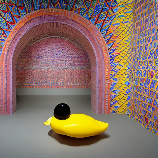 Image similar to wide shot, one photorealistic rubber duck in foreground on a pedestal in an museum gallery, british museum, the walls are covered with colorful geometric wall paintings in the style of sol lewitt, tall arched stone doorways, through the doorways are more wall paintings in the style of sol lewitt.