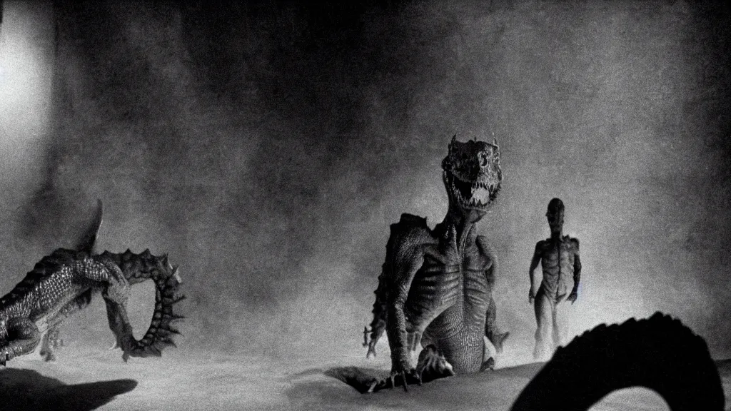 Image similar to a man and a draconian humanoid, reptoids, archons, saurians, draconians, reptile, reptilian, draconian, movie still, cinematic composition, cinematic light, criterion collection, reimagined by industrial light and magic, Movie by Andrzej Żuławski and David Lynch