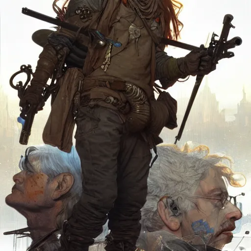 Prompt: post apocalyptic bernie sanders, fantasy, d & d, intricate, detailed, by by alphonse mucha, adolfo hohenstein, alice russell glenny, stanley artgerm lau, greg rutkowski, detailed, trending on artstation, trending on artstation, smooth