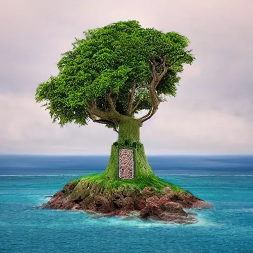 Image similar to a tree with a tree house in it in the ocean