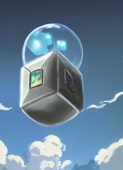 Image similar to an asymmetrical cell - shaded studio ghibli concept art study of a huge silver cube ufo inside a transparent bubble in the sky. wide shot, very dull colors, hd, 4 k, hq