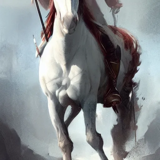Image similar to a white horse The one who rode him carried arrows and a bow in his hand, and they gave him a crown, digital Art, Greg rutkowski Trending artstation