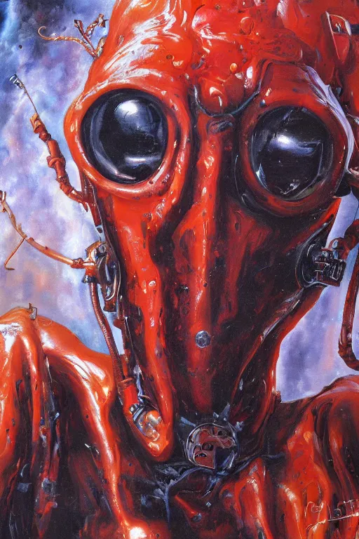 Prompt: oil painting, close-up, hight detailed, melting cyborg at red planet, in style of 80s sci-fi art