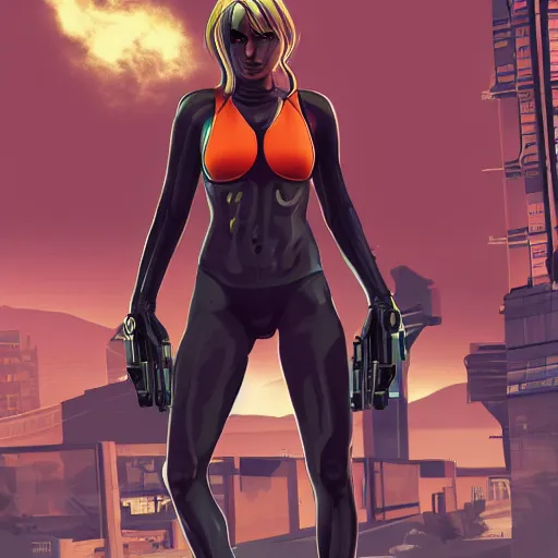 Image similar to samus in gta v, cover art by stephen bliss, artstation, no text