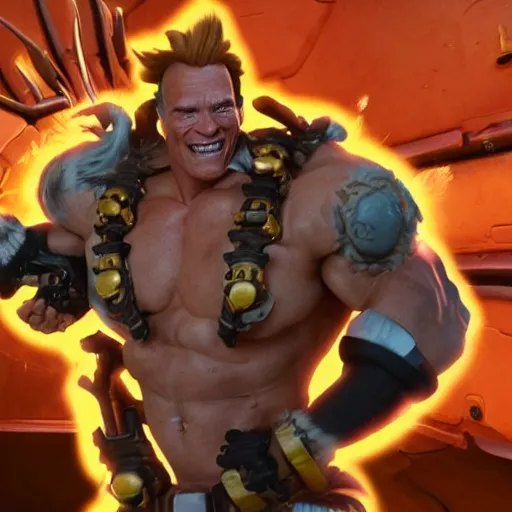 Image similar to a screenshot of arnold schwarzenegger as junkrat in overwatch