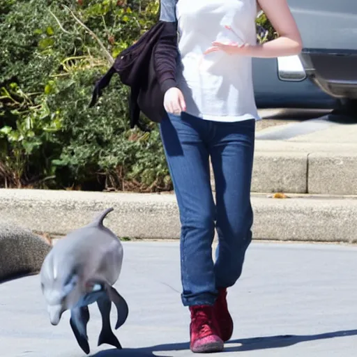 Image similar to paparazzi photo of Anna Kendrick walking her pet dolphin