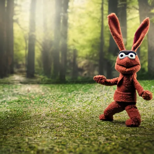 Prompt: a little brown karate loving ninja bunny that is a muppet wearing cool ninja clothes and practicing her karate out in nature, photorealistic, photography, ambient occlusion, rtx, national geographic, sesame street