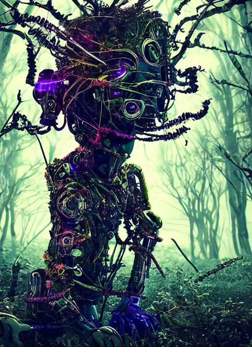 Image similar to a mad small psychedelic surreal horror cyborg in the chaotic spirit forest, bizarre conceptual art, filmic, fulcolor octane render, 1 6 k 4 d, cinematic, ultra - realistic