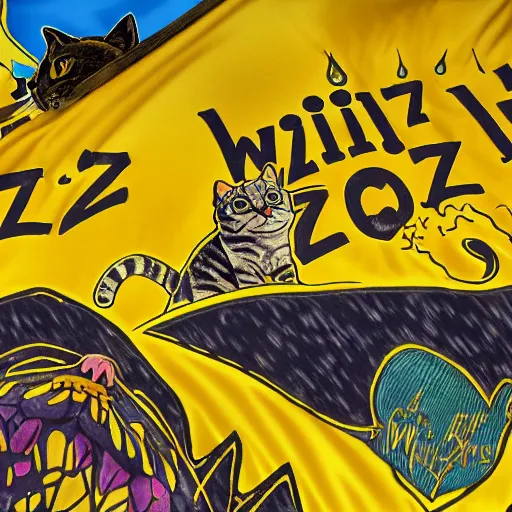 Image similar to cat wizards dressed in yellow raincoats. A banner that reads 'Wiz Biz only, Fools' adorns the back wall. Hypermaximalistic, hyper detailed 4k resolution photo realistic