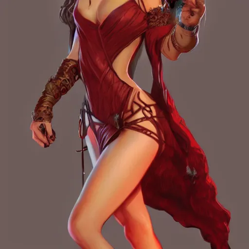 Image similar to A female wizard wearing a revealing red dress with brown hair and olive skin, hyperdetailed, artstation, cgsociety, 8k