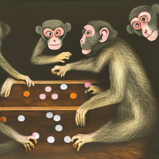 Image similar to A beautiful performance art of a group of monkeys playing backgammon. The monkeys are seated around a table, with some of them appearing to be deep in concentration while others appear to be playing more casually. by Gwenda Morgan robust