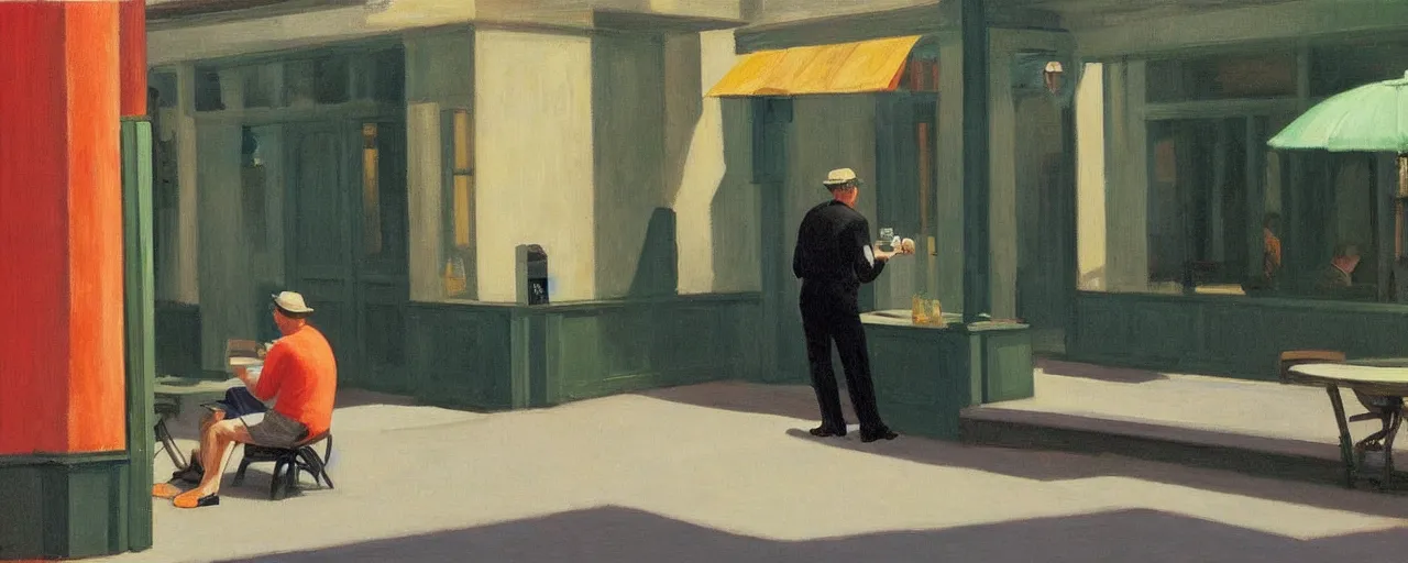 Prompt: a casually-dressed middle-aged man drinking a beer on a patio, picture in the style of Edward Hopper