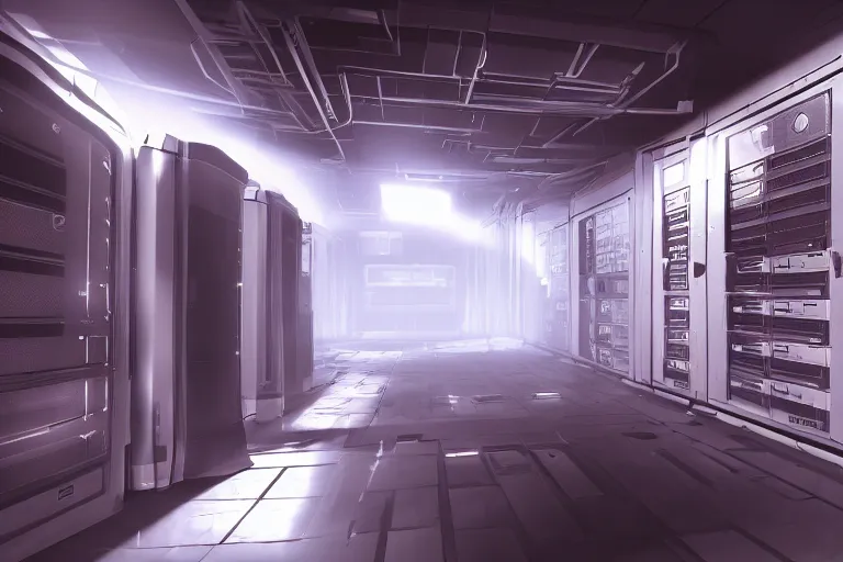 Image similar to parallax datacenter server room single mono colossus white rusty android roboman in artstation cinematic detailed concept art volumetric light sharp coherent cgsociety very very realistic