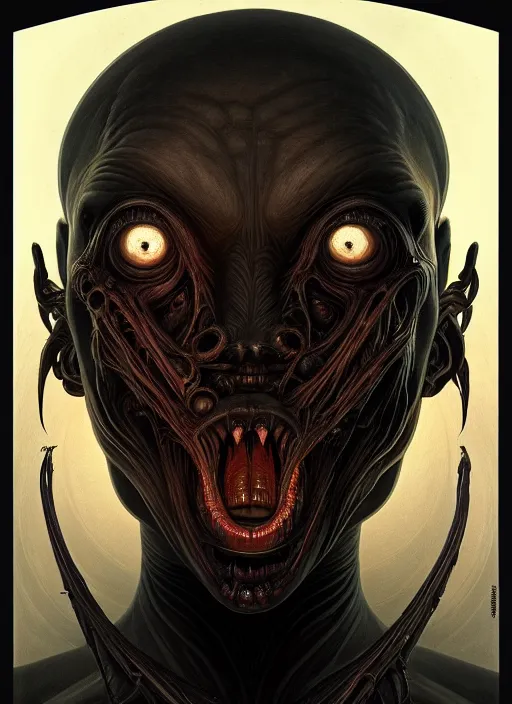 Image similar to symmetry!! portrait of grotesque alien, sci - fi horror, intricate, body horror, dark design, highly detailed, dark dynamic lighting, digital art, digital painting, artstation, smooth, sharp focus, illustration, art by artgerm and h r giger and greg rutkowski and alphonse mucha, 8 k