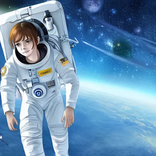 Prompt: emma watson light novel illustration as an astronaut by makoto shinkai