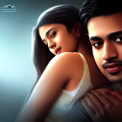 Image similar to theatrical press release ; indian young male and female couple sharing one heart ; stunning digital artwork by artgerm ; cinematic movie pose ; photorealistic, hyperrealistic, dramatic soft rim light ; highly detailed ; face by wlop ; trending on artstation ; cinematography from music video