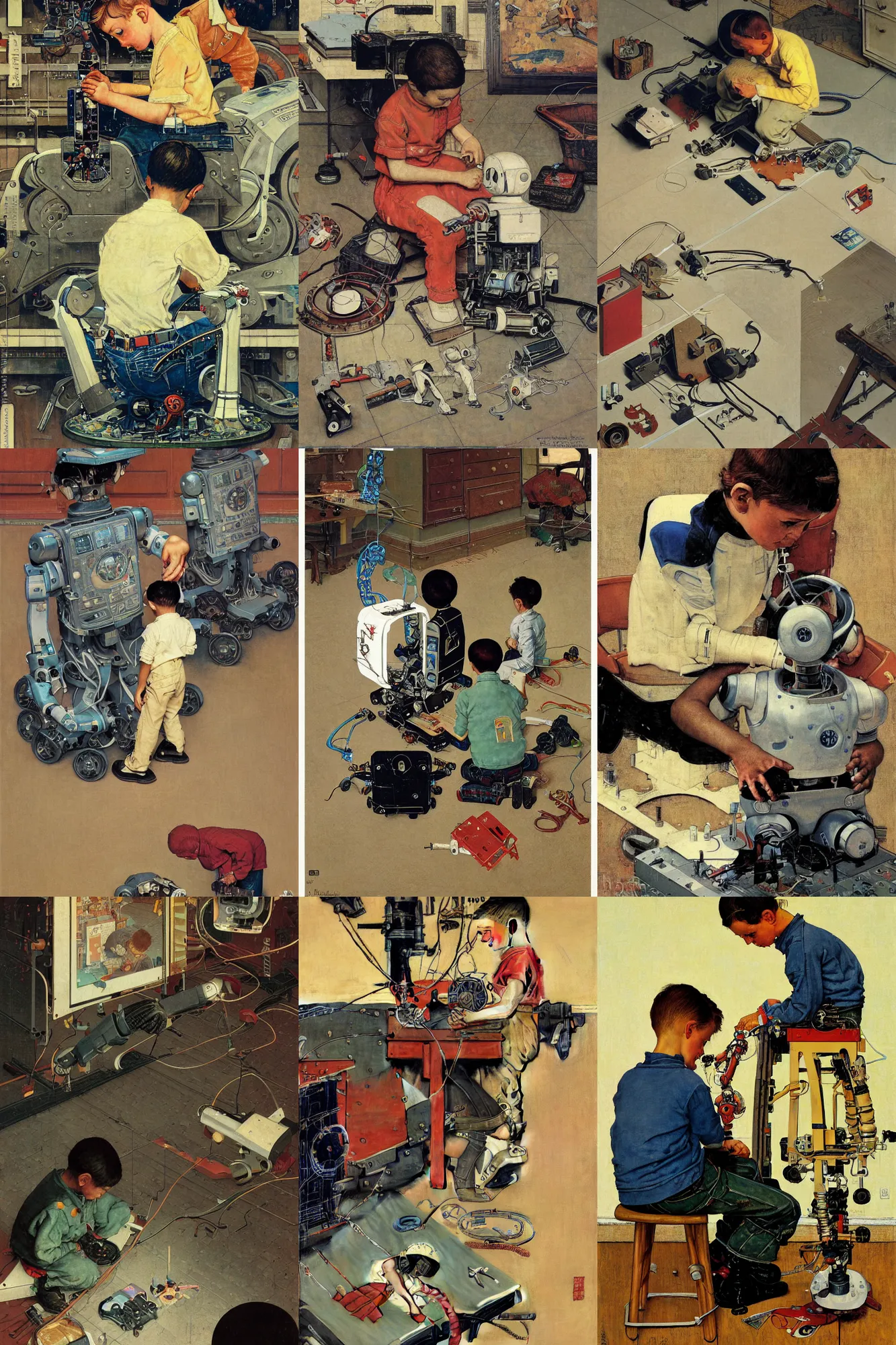 Prompt: a boy fixing his robot. high angle. oil on canvas. by Norman Rockwell and Victo Ngai.