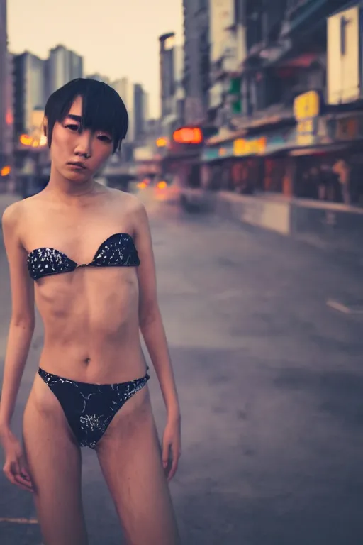 Image similar to a beautiful gorgeous cyberpunk Japanese edgy model girl with short hair bikini, she's sad, sunset, street of Hong Kong, 80mm lens, 1.2 aperture, grainy image, close up, cinematic light, very detailed, depressing atmosphere, cover magazine