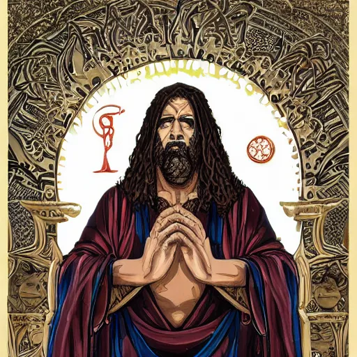 Image similar to 4K headshot portrait of godlike Pimp of Nazareth with defined arms and open hands and bloody clothes with giant mandala wings , intricate face , flawless anime cel animation by Kentaro Miura, psychedelic , highly detailed upper body , professionally post-processed , beautiful, scary, symmetry accurate features, epic, octane rendered, anime masterpiece, accurate by Craig Mullins, ilya kuvshinov, krenz cushart, epic , artgerm trending on artstation by Edward Hopper and Dan Mumford and WLOP and Rutkovsky, beksinski carl spitzweg moebius and tuomas kocar, intricate artwork by caravaggio, Unreal Engine 5, Lumen, Nanite