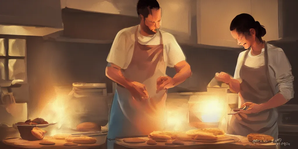 Prompt: A couple baking waffles, digital art, epic lighting