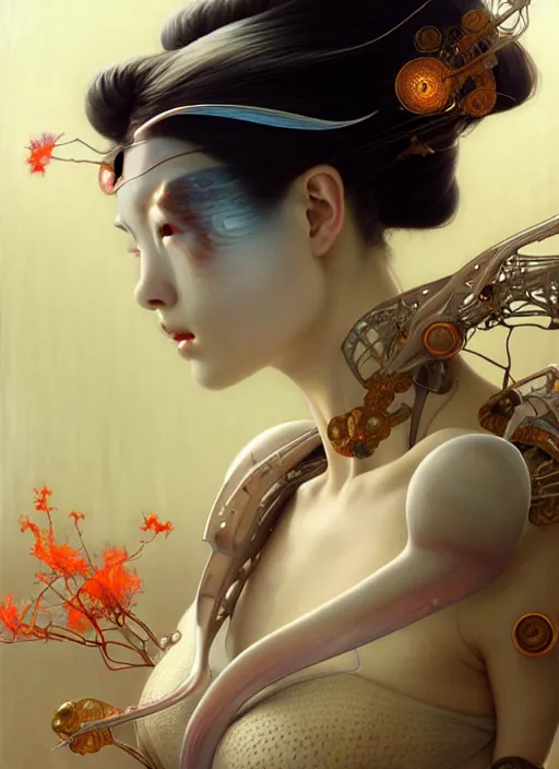 Image similar to organic Geisha cyborg, translucent pearlescent skin, diffuse lighting, fantasy, intricate, elegant, highly detailed, lifelike, photorealistic, digital painting, artstation, illustration, concept art, smooth, sharp focus, art by John Collier and Albert Aublet and Krenz Cushart and Artem Demura and Alphonse Mucha