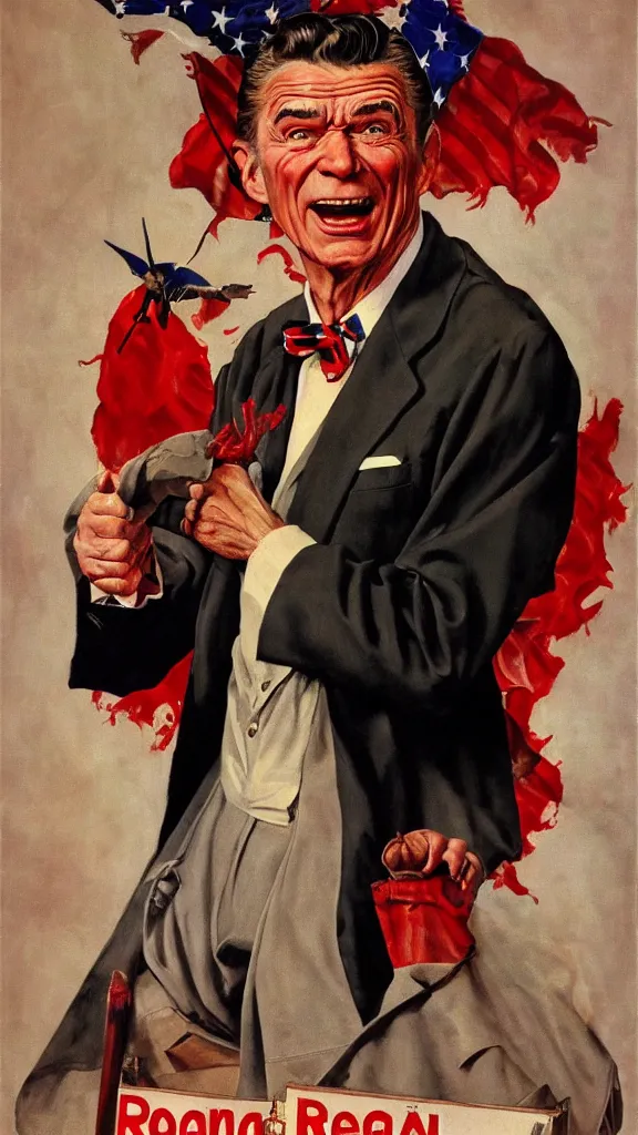 Prompt: ronald regan dressed as satan, painting in the style of norman rockwell, 1 9 5 0 s, evil, hyperrealistic, photorealistic, award - winning, 4 k, ultra hd, artstation, intricate, highly detailed, patriotic, american, usa, dark, gritty