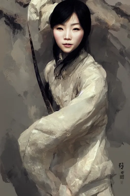 Prompt: a beautiful Chinese woman archer stares intently into the soul, beautiful bone structure, symmetrical facial features, intricate, elegant, digital painting, concept art, smooth, sharp focus, illustration by Ruan Jia and Mandy Jurgens and Artgerm and William-Adolphe Bouguerea
