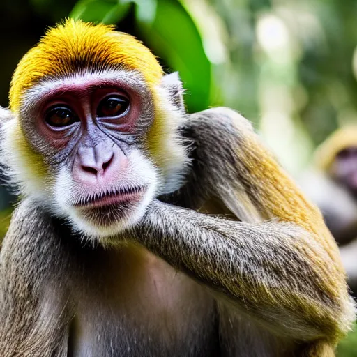 Prompt: of monkeys bribering zookeeper with bananas, zoom lens, candid camera, harsh light