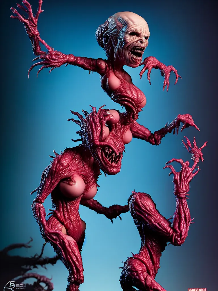 Image similar to hyperrealistic rendering, fat smooth john carpenter flesh monster natalie portman by bernie wrightson and killian eng and joe fenton, product photography, action figure, sofubi, studio lighting, colored gels, colored background