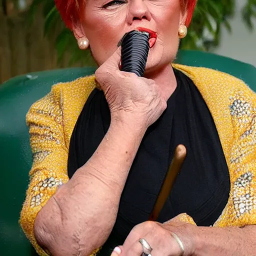 Prompt: Pauline Hanson poking out her forked snake tongue