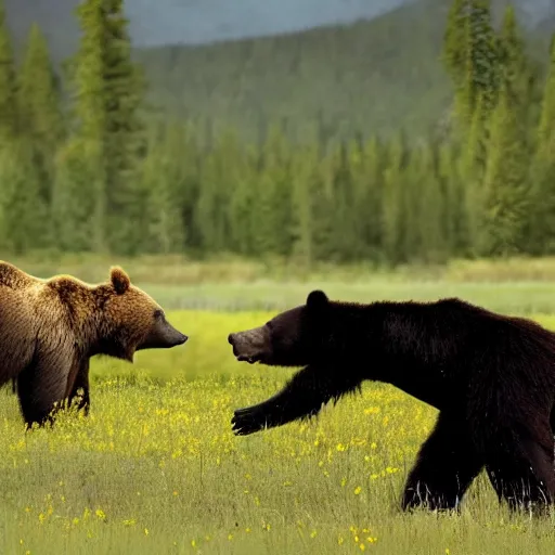 Image similar to realistic photo of a human - size black spider fighting a grizzly bear in a meadow