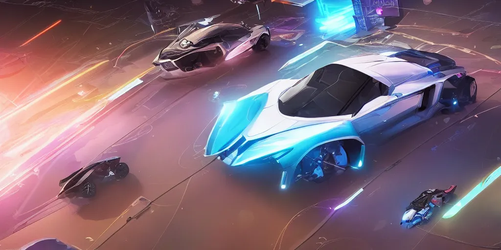 Image similar to quantum entanglement的synthwave sports car ,by Austin English ,cinema lighting,A bird's-eye view,camera view from above ,Game scene graph , very high detailed Unreal engine