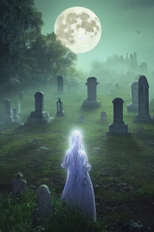 Prompt: the ghost of a young woman in an ancient graveyard, gravestones, crypts, high - resolution render by stephan martiniere, beeple, simon stalenhag, hdr, super - resolution, perspective, full moon, real - time ray tracing, global illumination, vivid colors, ghost, spectre, haunted