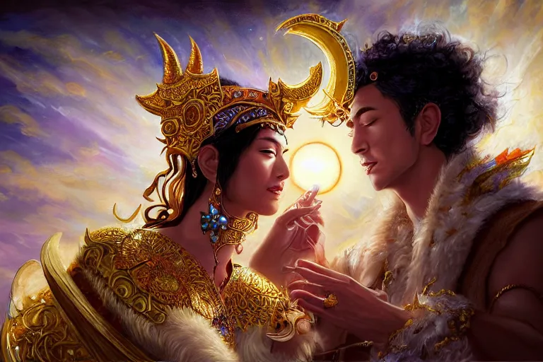 Image similar to close up moment of a divine a sun god and a moon goddess lovers magician at a wedding banquet, highly detailed, d & d, fantasy, highly detailed, digital painting, trending on artstation, concept art, sharp focus, asian feature, illustration, art by artgerm and daniel gerhartz and magali villeneuve