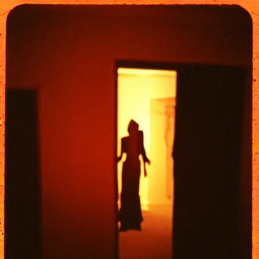 Image similar to A selfie of a woman in a dark room, with a spooky filter applied, with a figure in the background, in a Halloween style.